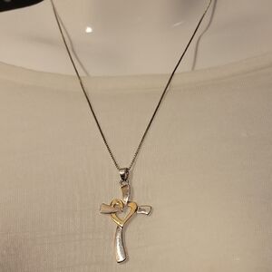 UNISEX 2 Tone Silver/gold Cross 2" Pendant, 18" Chain, New